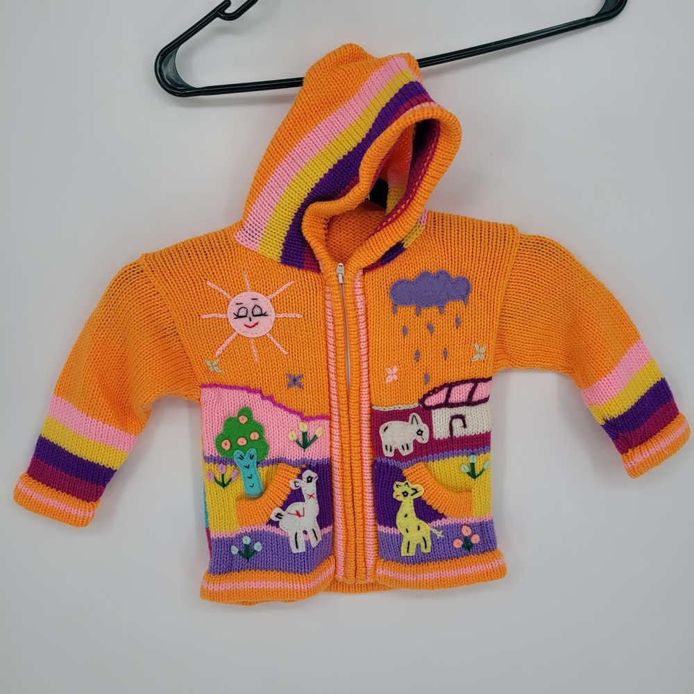Vintage artisanal hand knit Hooded Sweater Kids Size 2T Animal Patchwork Orange